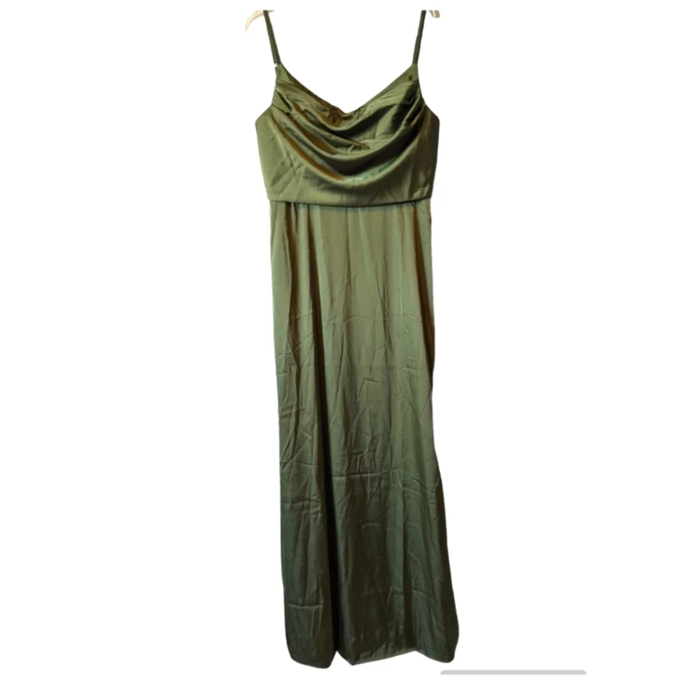 NEW  Somifa Olive Green Satin Maxi Dress Cowl Neck Spaghetti Straps Prom Sz. 14 - Picture 2 of 9